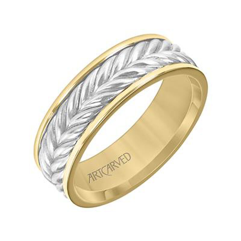 ArtCarved Men's 7mm Brush Finish Braided Center Round Edge Wedding Band in 14k Two-Tone Gold image number null